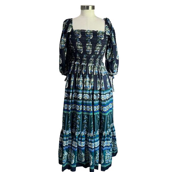 Cara Cara Jazzy Blue Green Print Puff Sleeve Smocked Cotton Midi Dress Sz S - Picture 1 of 13